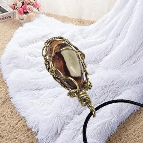 Jasper Hand Wired Pendant with Waxed Black Leather Necklace - Picture 5 of 7